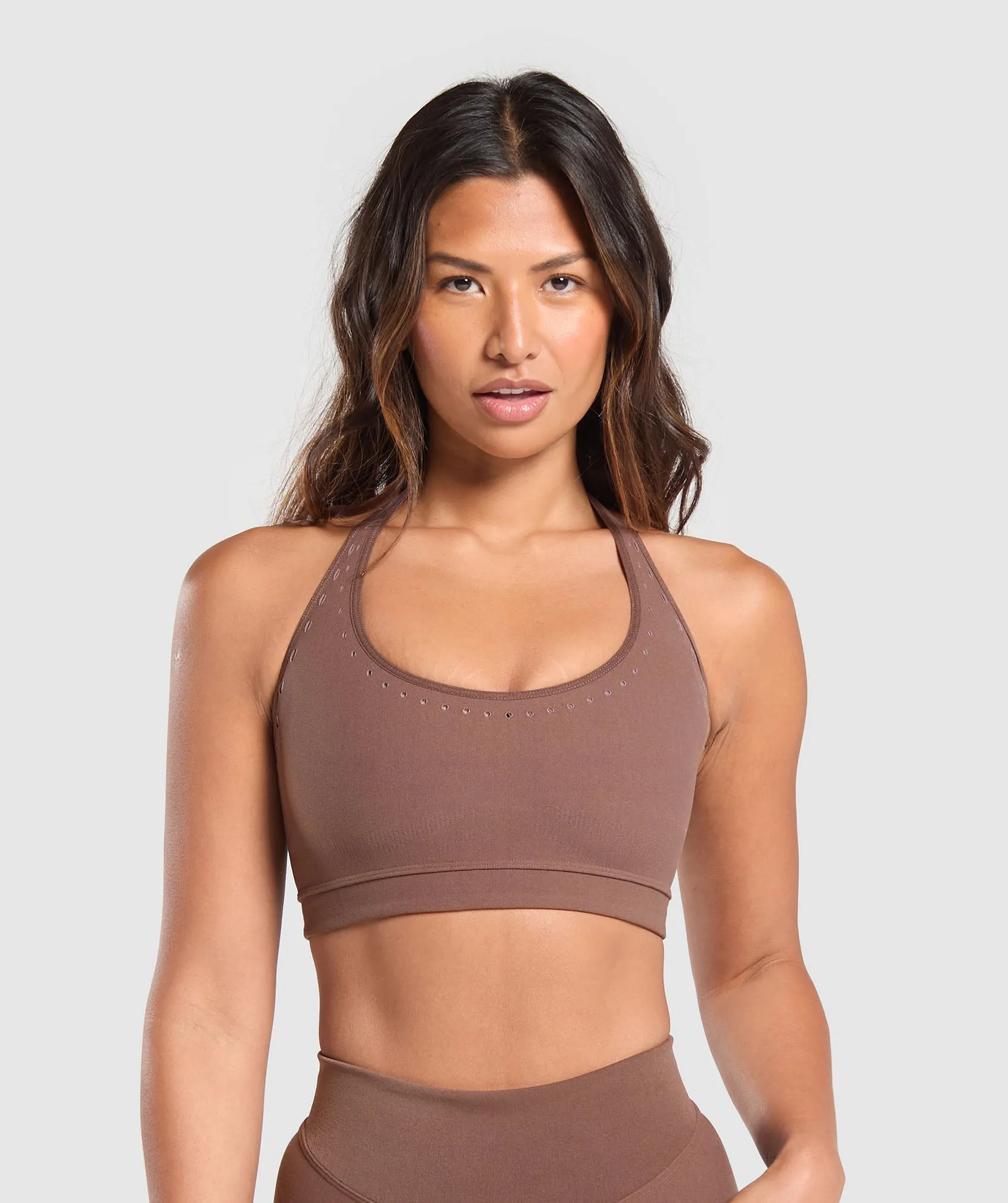 Gymshark Warp Knit Seamless Halter Neck Bralette - Penny Brown/Washed Mauve sold by Gymshark