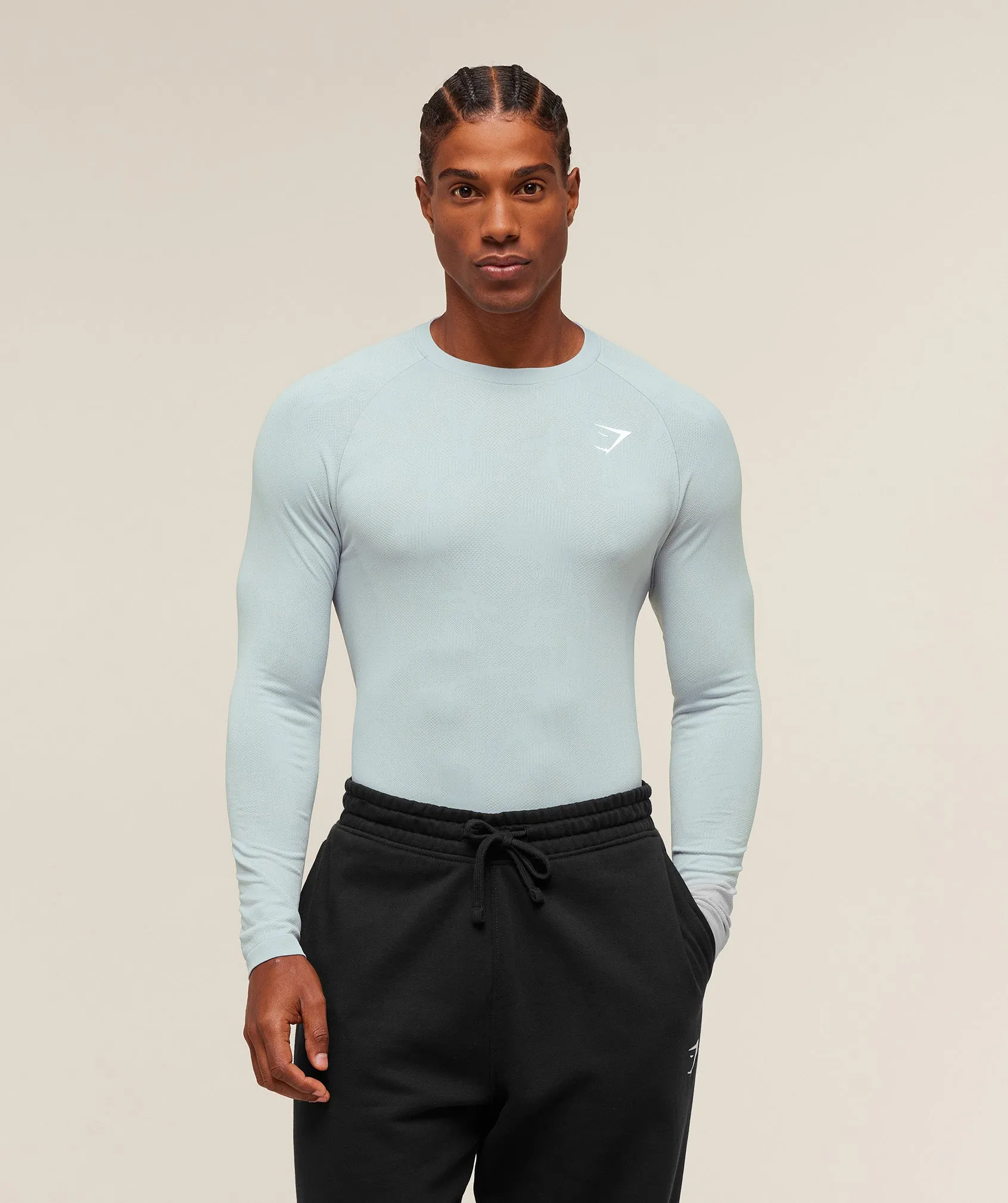 Gymshark Geo Seamless Long Sleeve T-Shirt - Smoke Blue/Soft White sold by Gymshark
