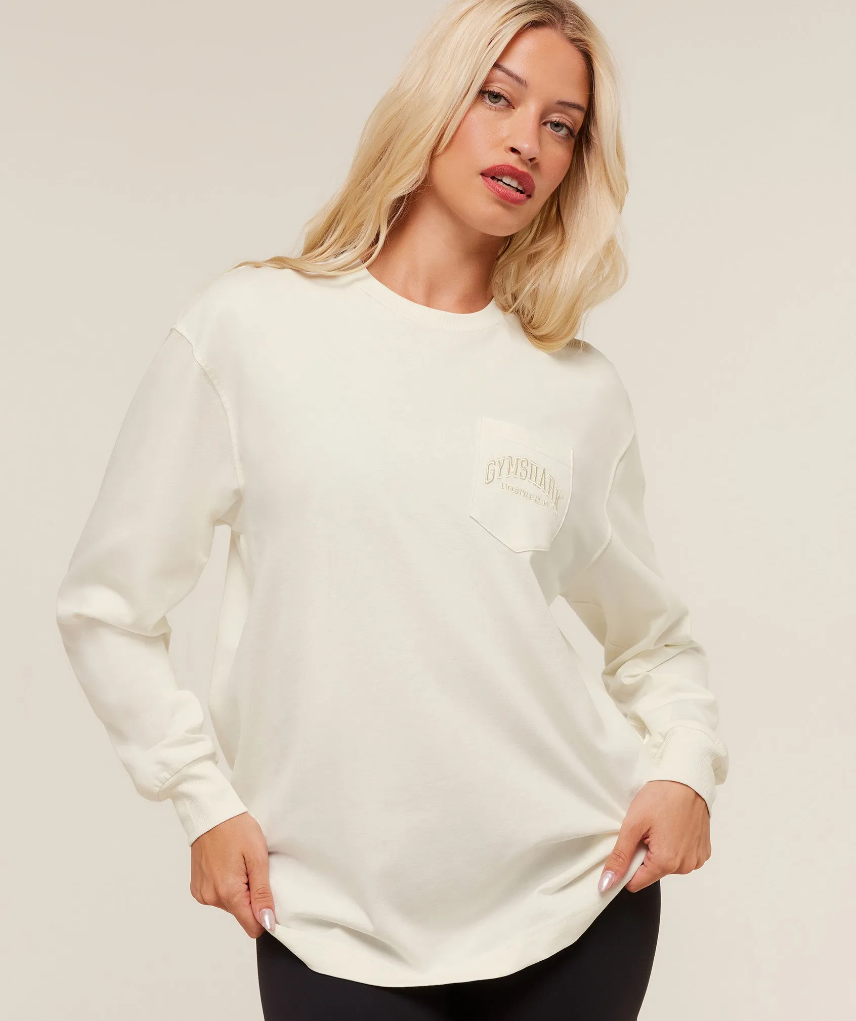 Gymshark Collegiate Graphic Long Sleeve T-Shirt - Soft White sold by Gymshark product image thumbnail 5