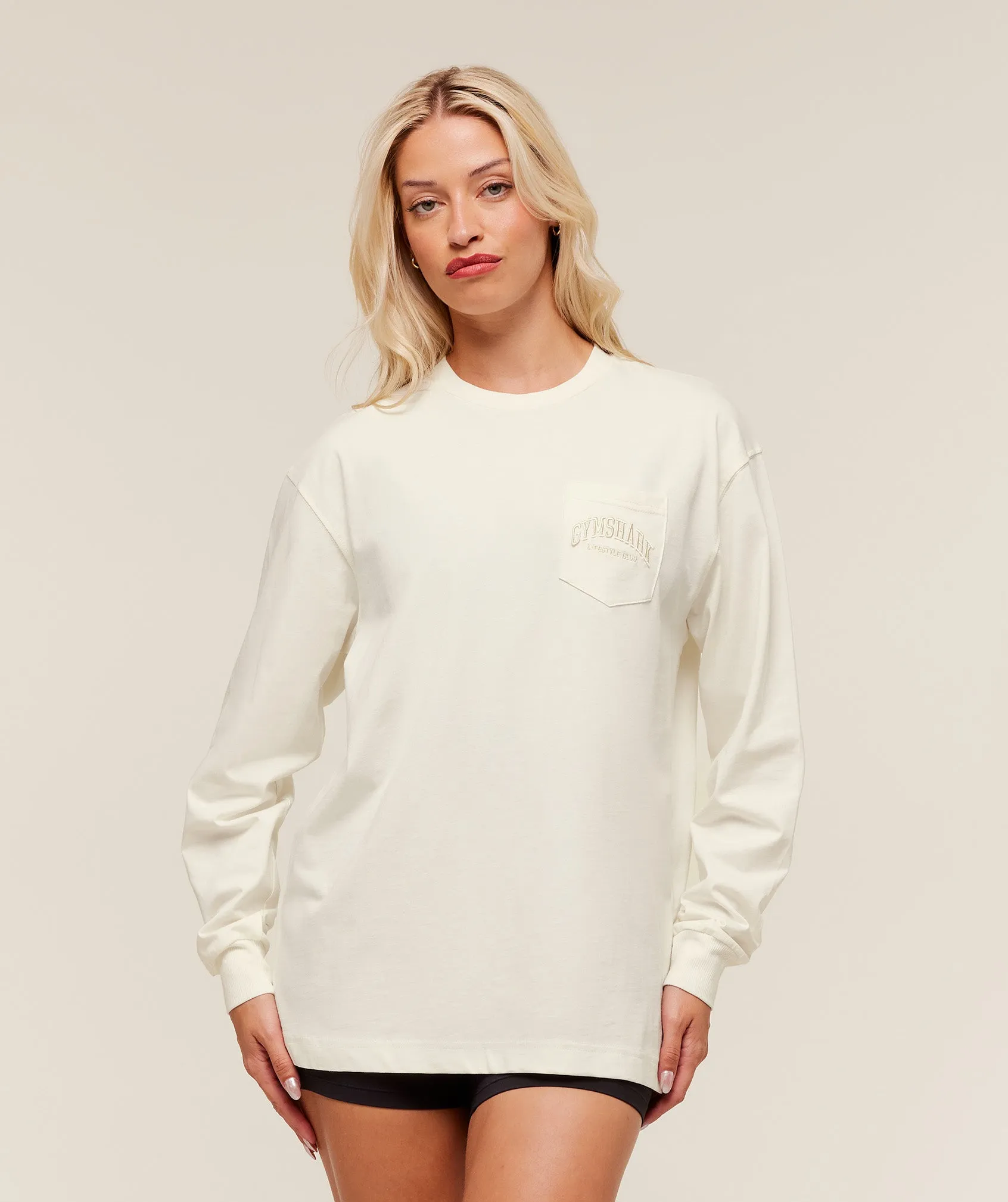 Gymshark Collegiate Graphic Long Sleeve T-Shirt - Soft White sold by Gymshark