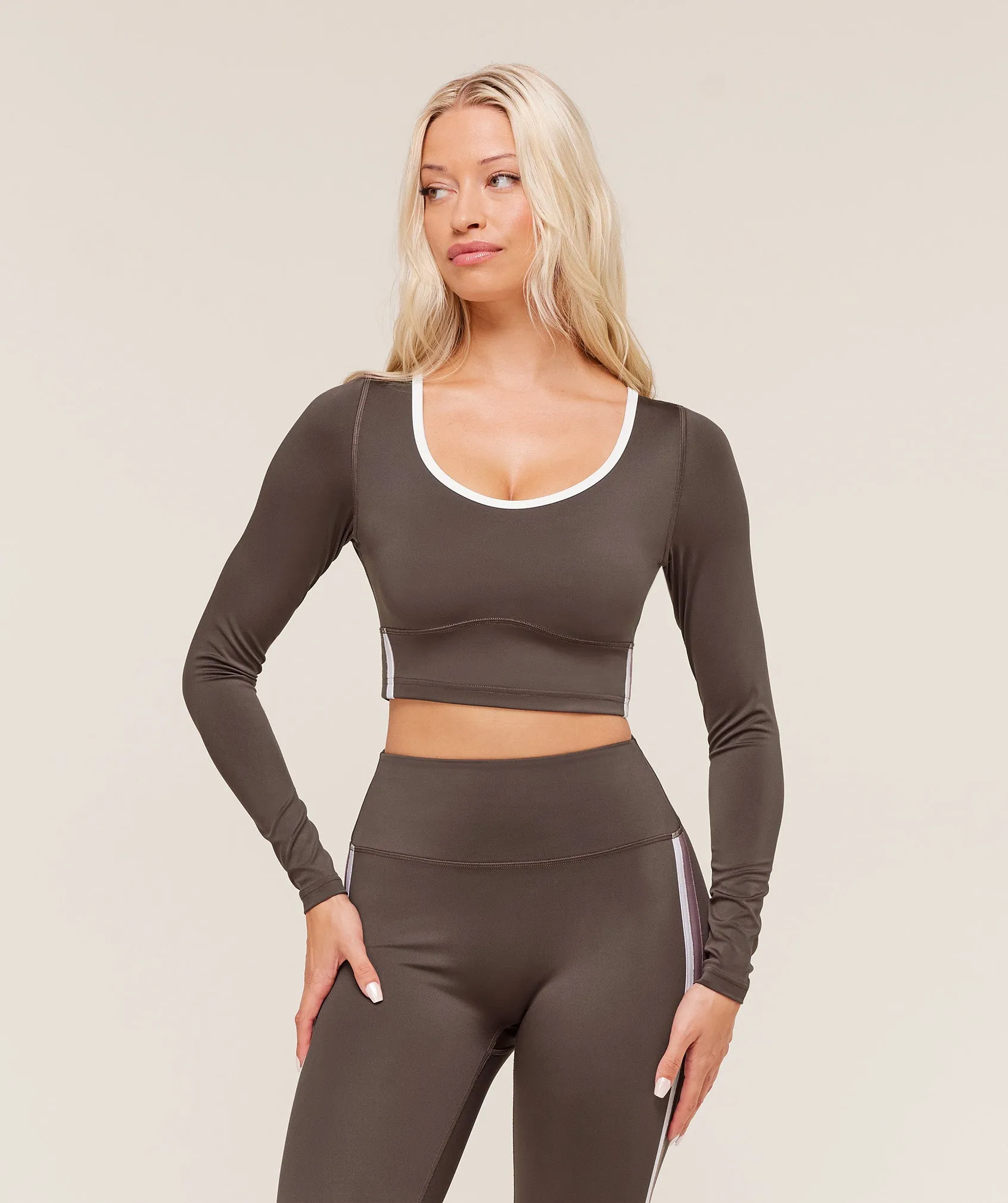 Gymshark Piping Long Sleeve Crop Top - Walnut Brown/Chestnut Pink/Soft White sold by Gymshark