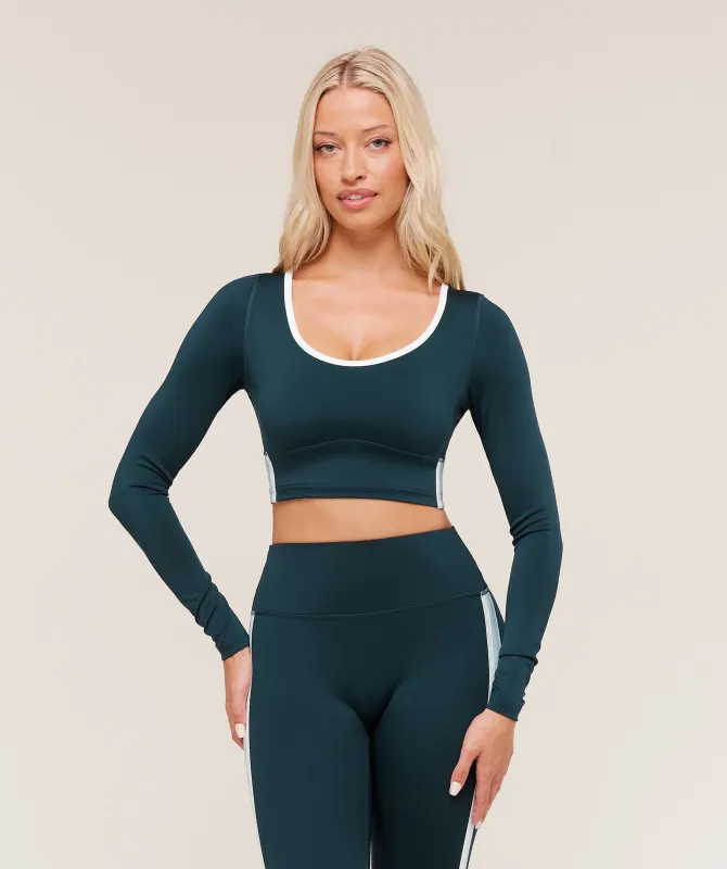 Gymshark Piping Long Sleeve Crop Top - Deep Petrol Blue/Smoke Blue/Soft White sold by Gymshark
