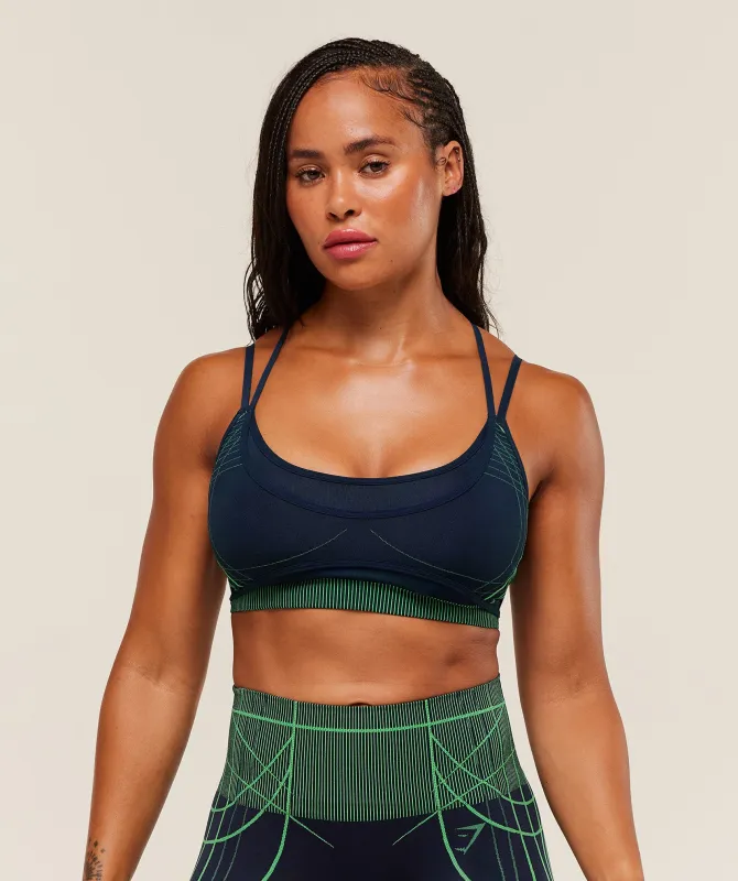Gymshark Apex Seamless Strappy Sports Bra - Heavy Blue/Active Green sold by Gymshark