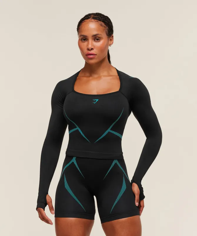 Gymshark Apex Lift Seamless Long Sleeve Crop Top - Black/Brand Blue sold by Gymshark