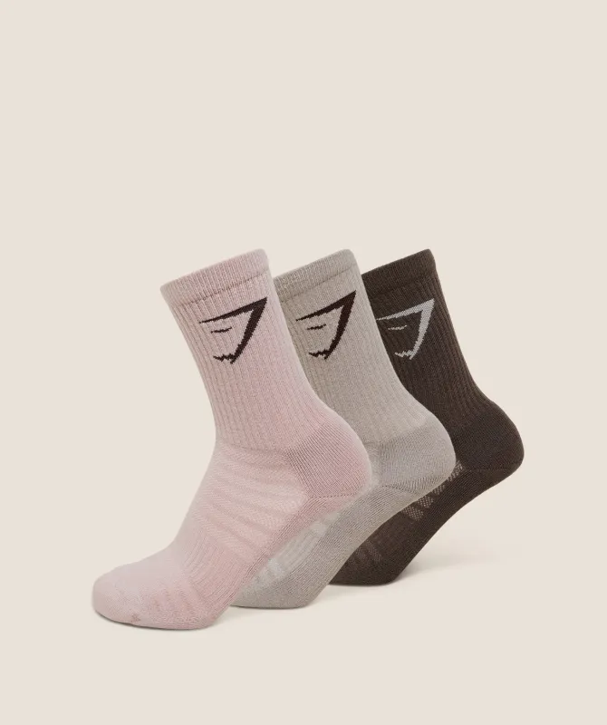 Gymshark Crew Socks 3pk - Mushroom Grey/Walnut Brown/Muted Pink sold by Gymshark
