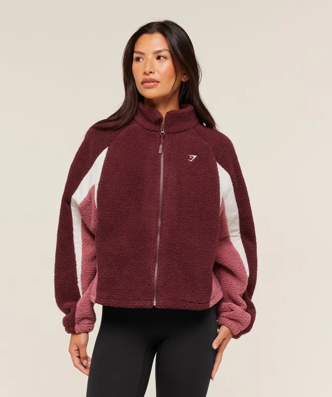 Gymshark Contrast Sherpa Jacket - Rich Maroon/Reset Pink/Oat White sold by Gymshark