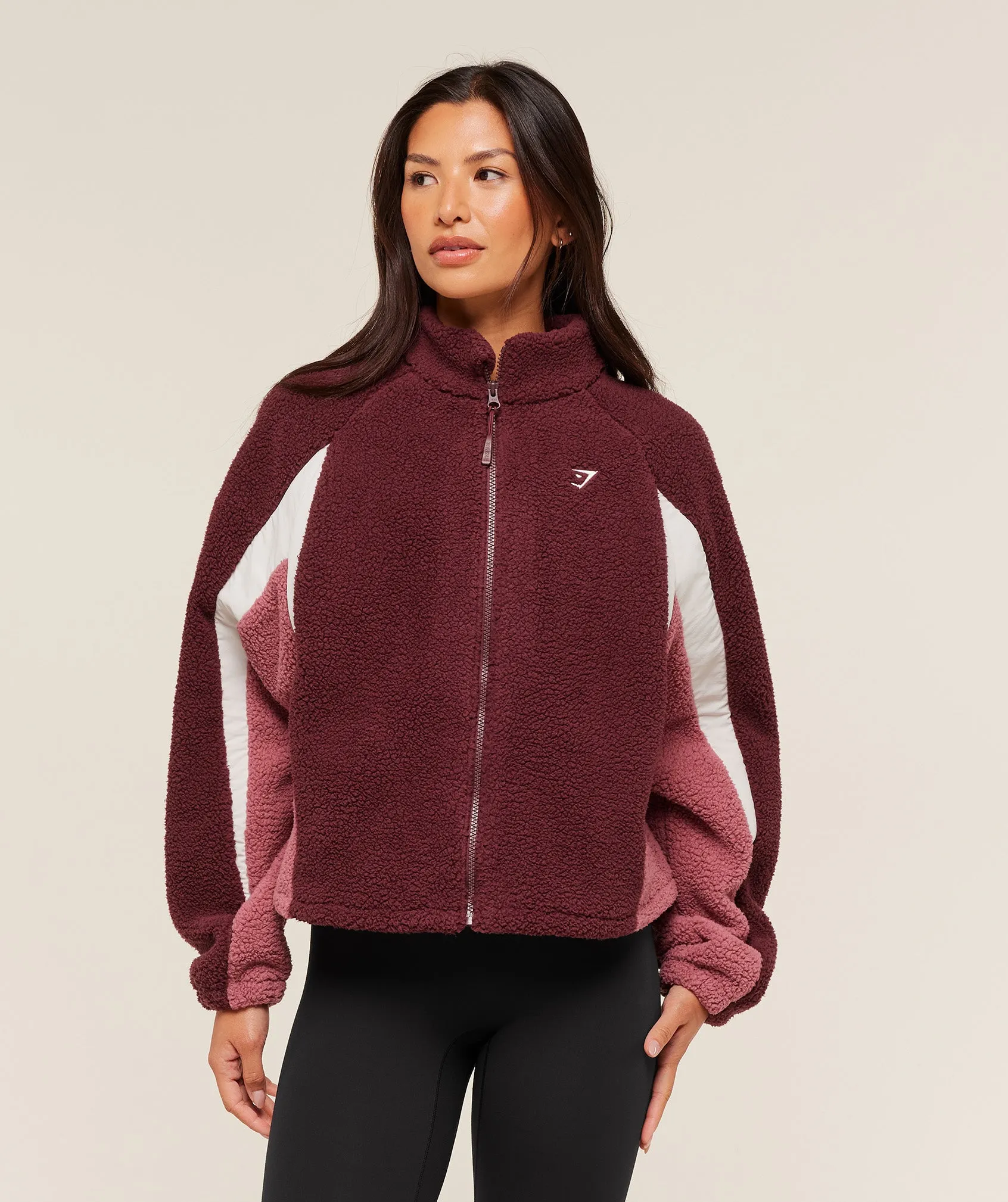 Gymshark Contrast Sherpa Jacket - Rich Maroon/Reset Pink/Oat White sold by Gymshark