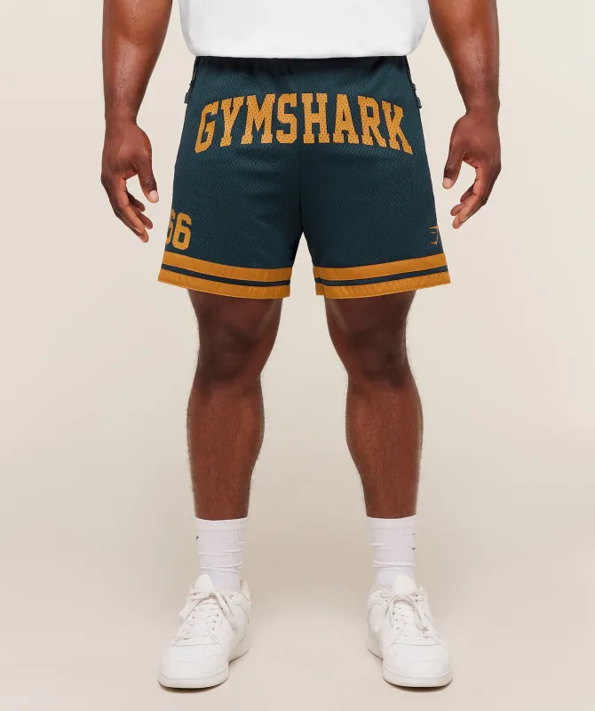 Gymshark Campus Mesh Shorts - Deep Petrol Blue/Antique Gold sold by Gymshark