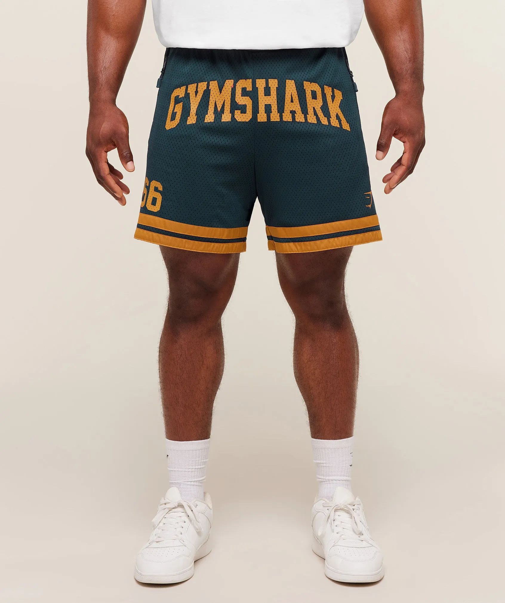 Gymshark Campus Mesh Shorts - Deep Petrol Blue/Antique Gold sold by Gymshark