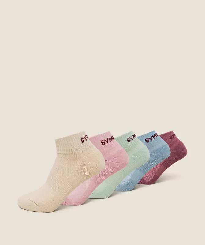 Gymshark Quarter Socks 5pk - Reset Pink/Cloud Pink/Stone Beige/Bench Blue/Clay Green sold by Gymshark