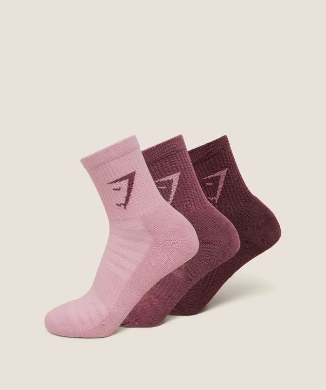 Gymshark Midi 3pk Socks - Cloud Pink/Reset Pink/Rich Maroon sold by Gymshark
