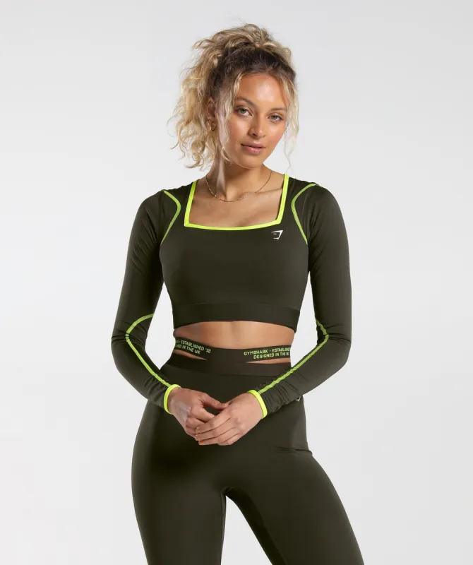 Gymshark Contrast Long Sleeve Crop Top - Olive Green/Fluro Green sold by Gymshark