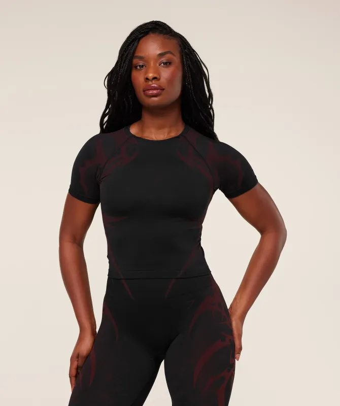 Gymshark Storm Seamless Short Sleeve Top - Black/Rich Maroon sold by Gymshark