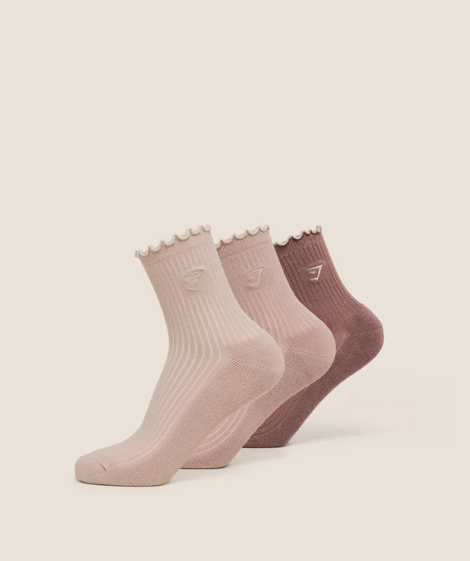 Gymshark Midi Frill Socks 3pk - Dusk Pink/Muted Pink/Chestnut Pink sold by Gymshark