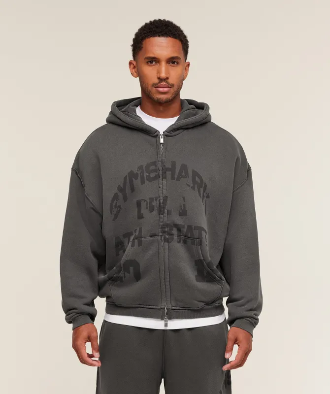 Gymshark Collegiate Washed Zip Up Hoodie - Asphalt Grey sold by Gymshark