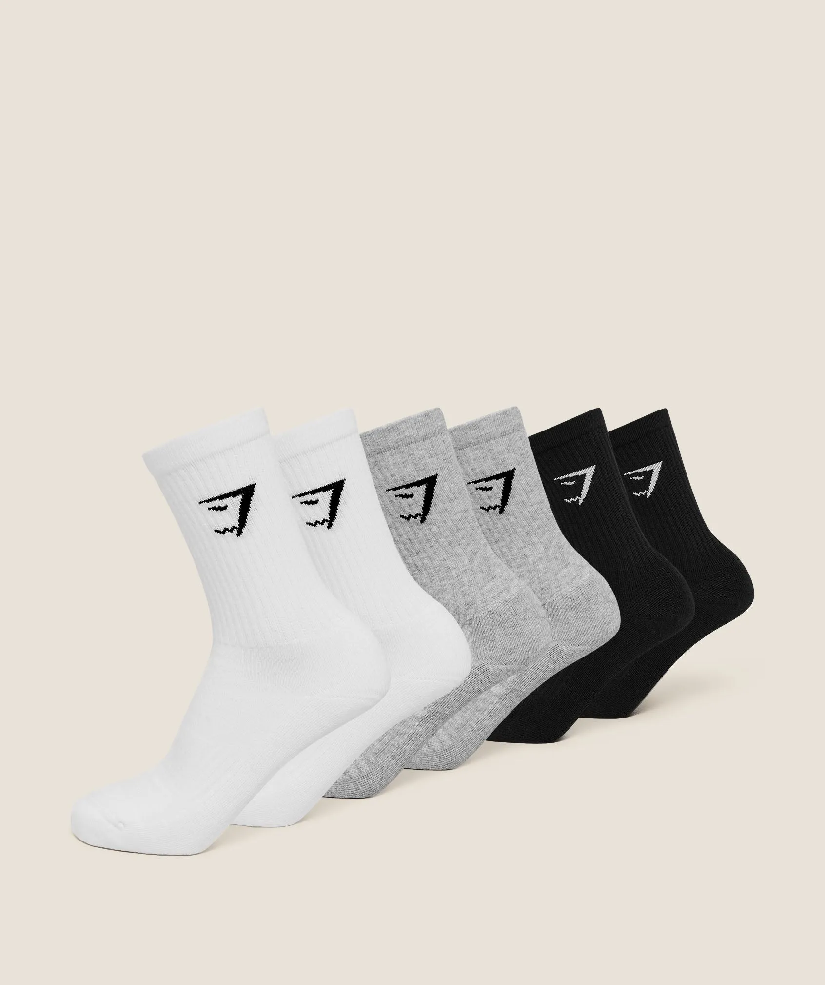 Gymshark Crew Socks 6pk - White/Light Grey Core Marl/Black sold by Gymshark