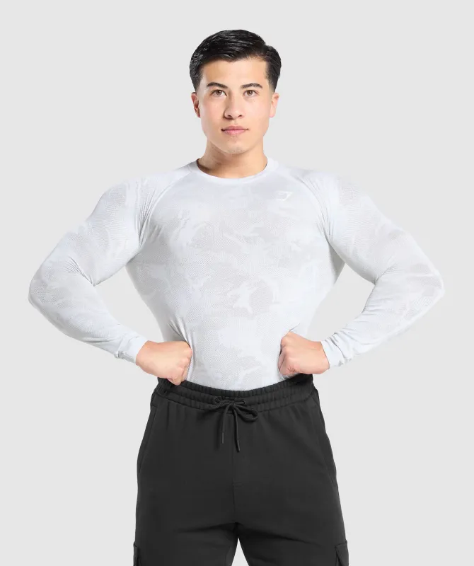 Gymshark Geo Seamless Long Sleeve T-Shirt - White/Light Grey sold by Gymshark