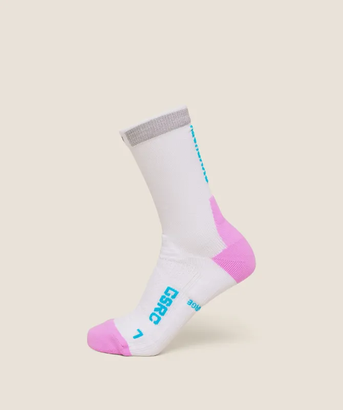 Gymshark Running Elite Crew Sock Single - White/Brand Blue/Sour Pink sold by Gymshark