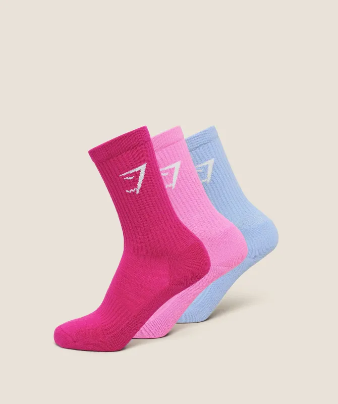 Gymshark Crew Socks 3pk - Chilled Blue/Focus Pink/Super-Set Pink made by Gymshark