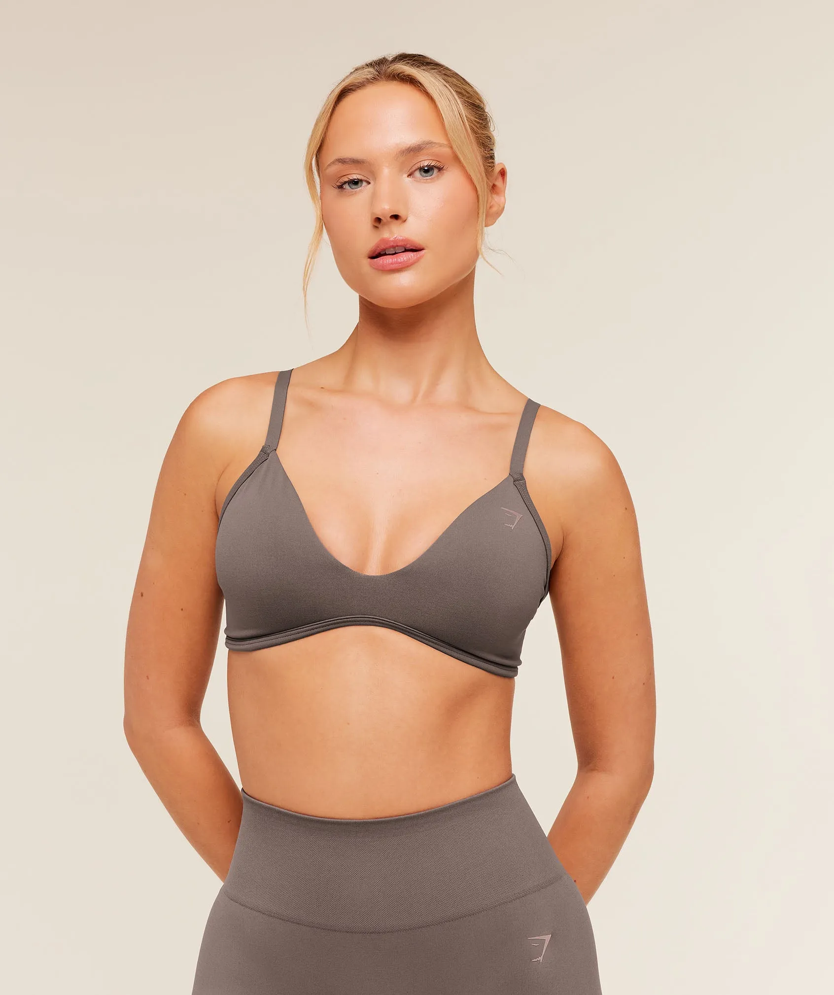 Gymshark Soft Sculpt V-neck Sports Bra - Cool Brown sold by Gymshark
