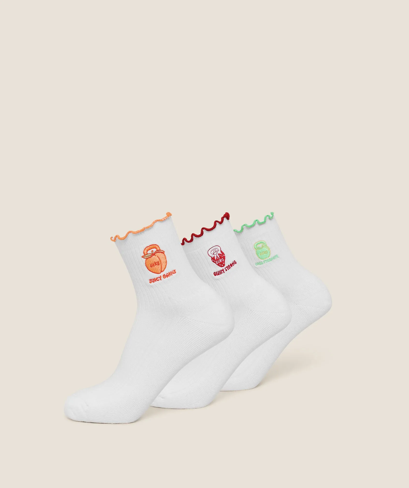 Gymshark Fruity Graphic Midi Frill Socks 3pk - White sold by Gymshark