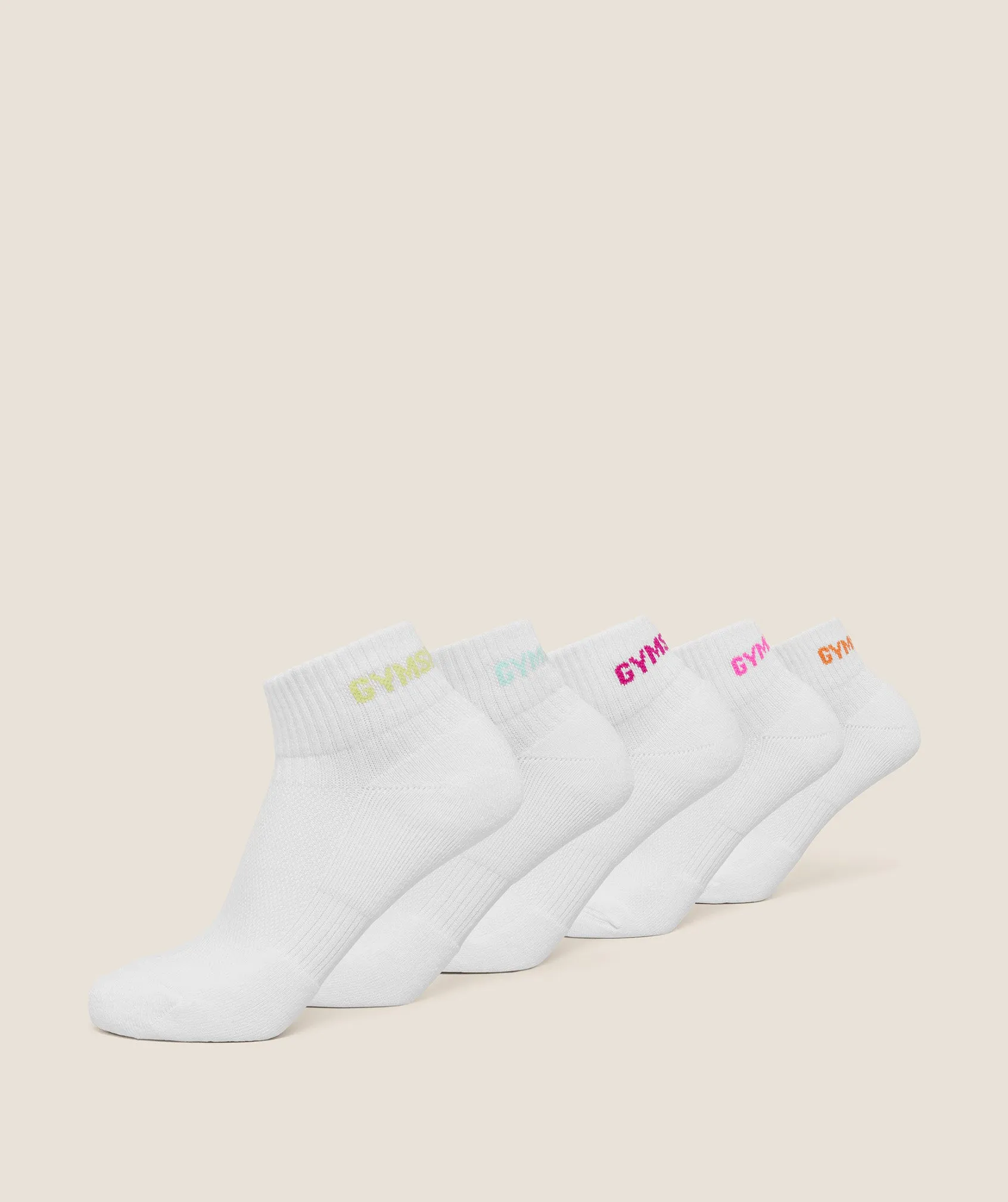 Gymshark Quarter Socks 5pk - White/Sorbet Yellow/Pop Turquoise/Super-Set Pink/Electric Pink/Dayglow Peach sold by Gymshark