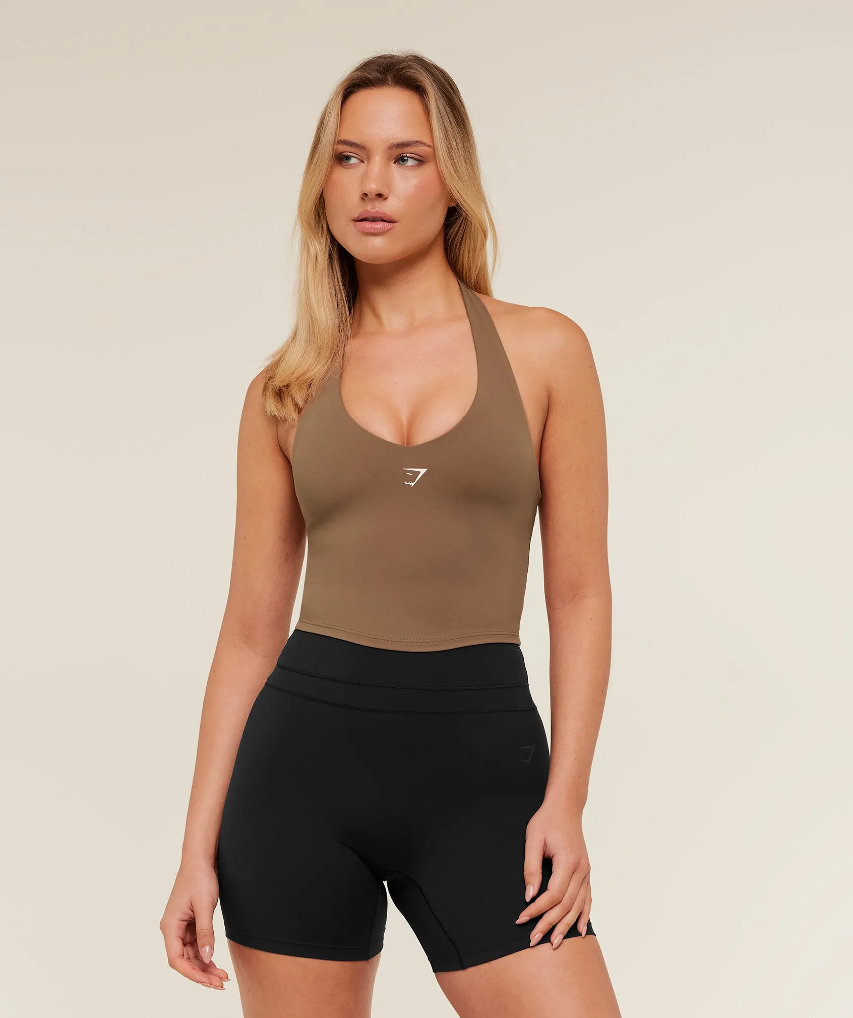 Gymshark Halter Neck Cami with Shelf - Caramel Brown sold by Gymshark