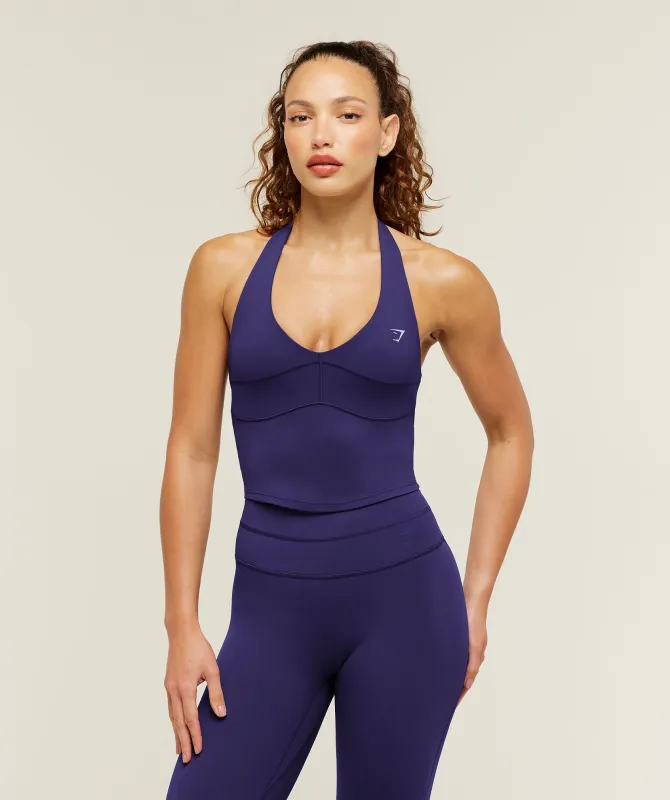 Gymshark Colour Block Halter Neck Tank With Shelf - Indigo Purple made by Gymshark