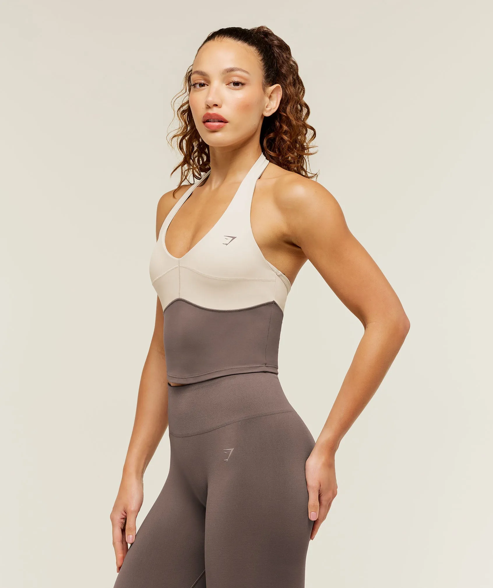 Gymshark Colour Block Halter Neck Tank With Shelf - Cool Brown/Pebble Grey sold by Gymshark product image thumbnail 3
