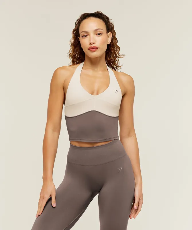 Gymshark Colour Block Halter Neck Tank With Shelf - Cool Brown/Pebble Grey made by Gymshark