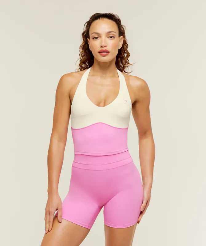 Gymshark Colour Block Halter Neck Tank With Shelf - Focus Pink/Soft White made by Gymshark