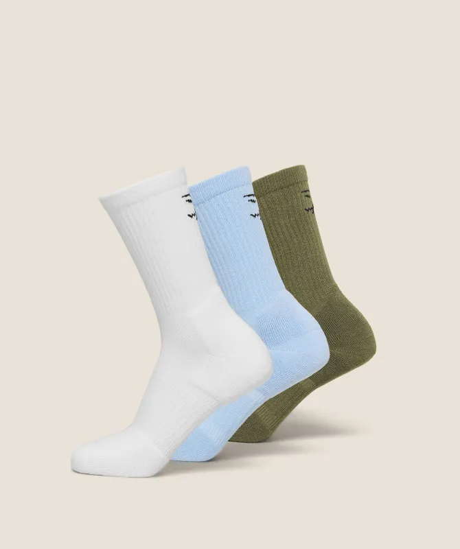 Gymshark Performance Crew Socks 3pk - White/Tranquil Blue/Grounded Green made by Gymshark
