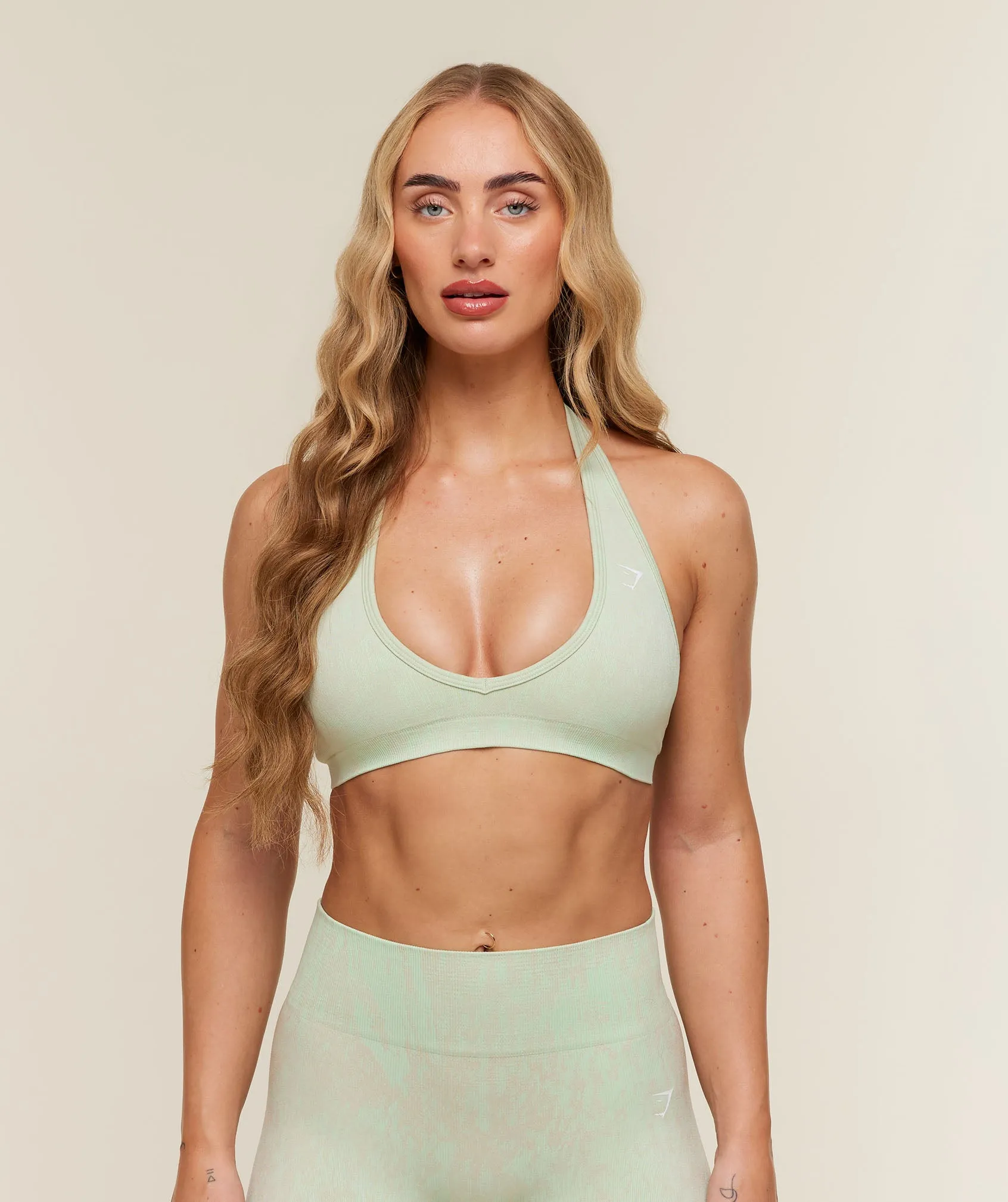 Gymshark Adapt Animal x Whitney Halter Neck Sports Bra - Sprint Green/Chalk Beige sold by Gymshark