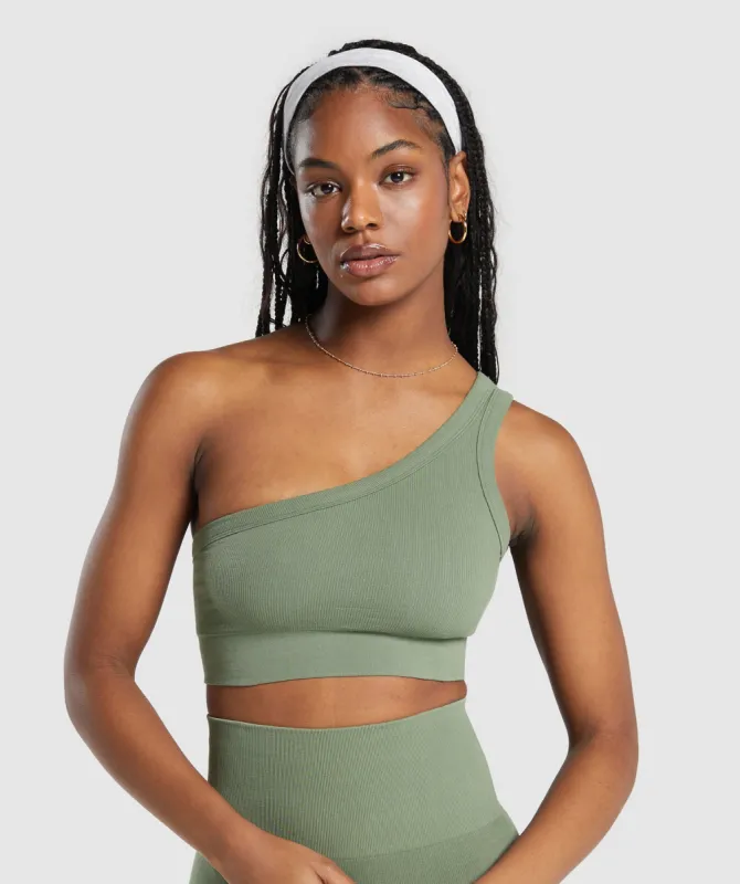 Gymshark Ribbed Cotton Seamless One Shoulder  Bra - Base Green sold by Gymshark