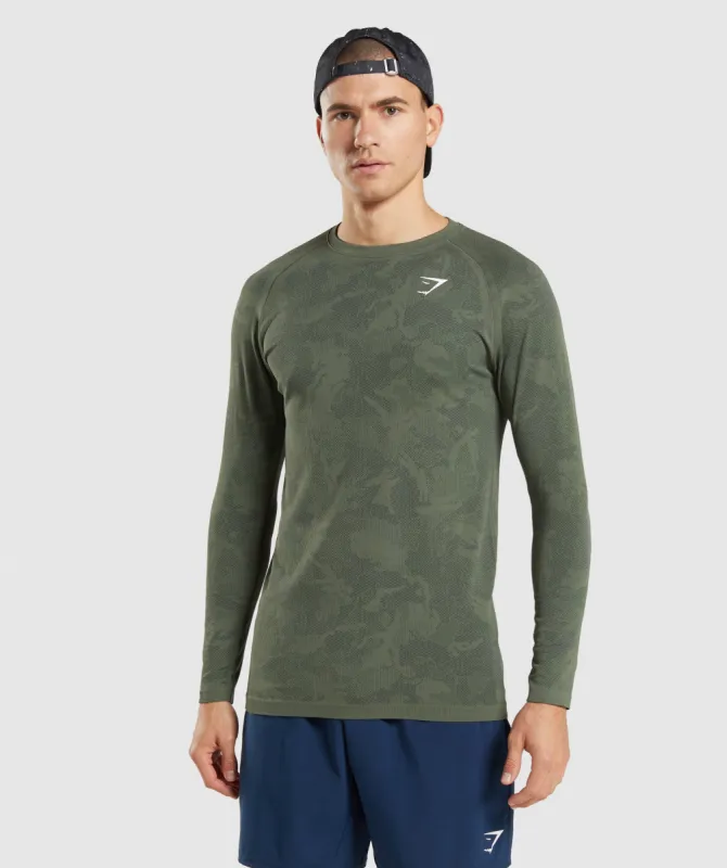Gymshark Geo Seamless Long Sleeve T-Shirt - Core Olive/Black sold by Gymshark