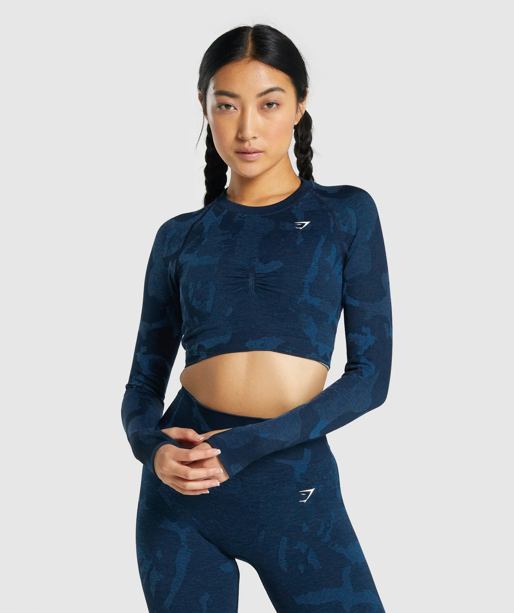 Gymshark Adapt Camo Seamless Long Sleeve Crop Top - Savanna | Navy sold by Gymshark