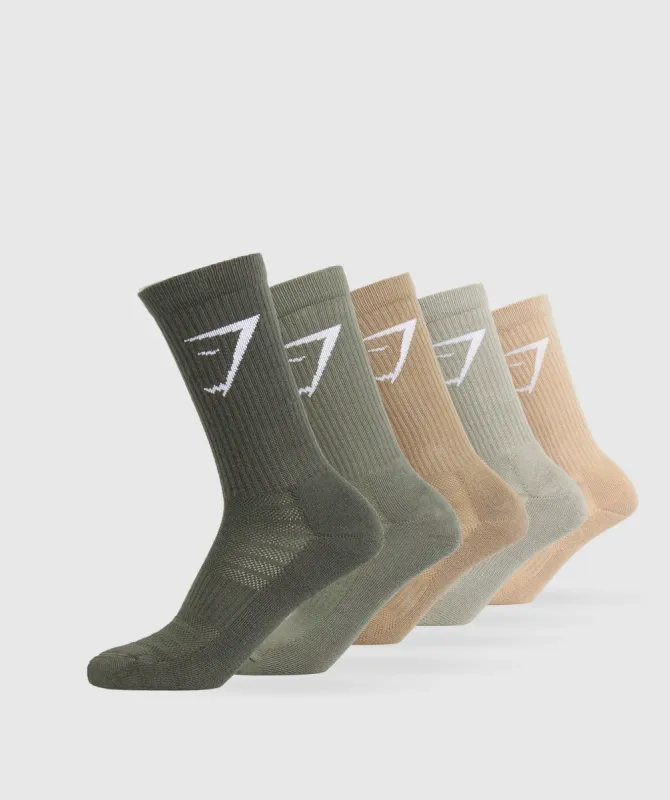 Gymshark Crew Socks 5pk - Vanilla Beige/Chalk Green/Troop Green/Base Green/Strength Green sold by Gymshark