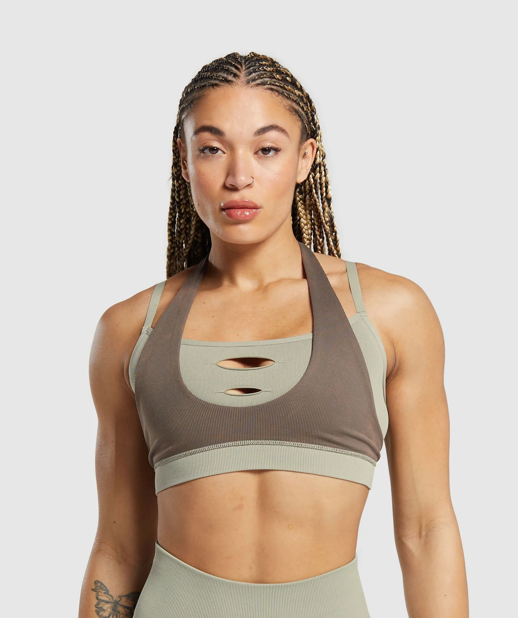 Gymshark Gains Seamless Bralette - Chalk Green/Camo Brown sold by Gymshark