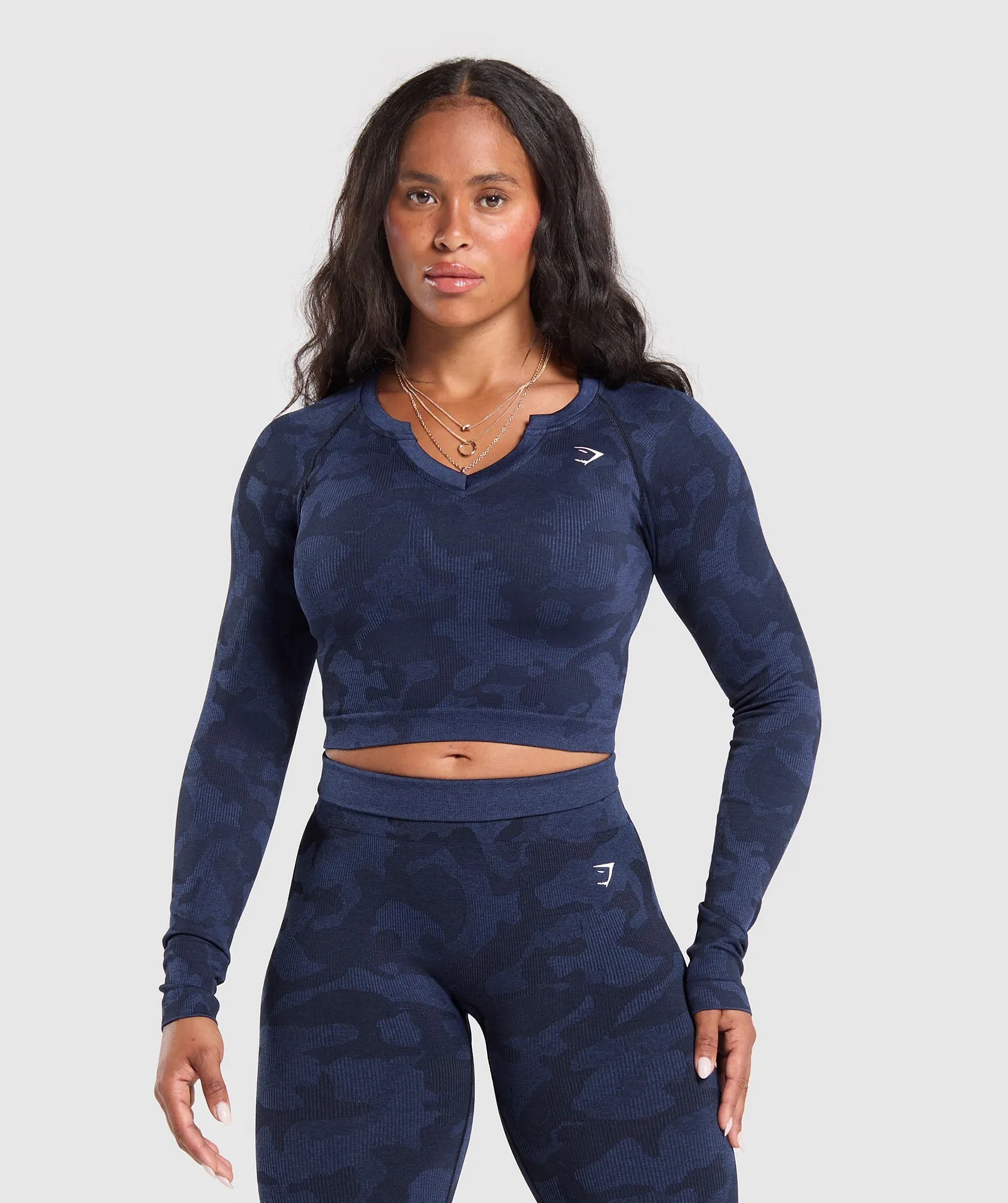 Gymshark Adapt Camo Long Sleeve Crop Top - Midnight Blue/Ash Blue sold by Gymshark