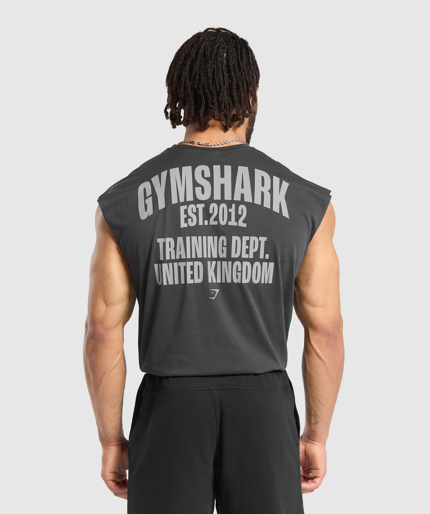 Gymshark Training Dept. UK Cut Off Tank - Asphalt Grey sold by Gymshark