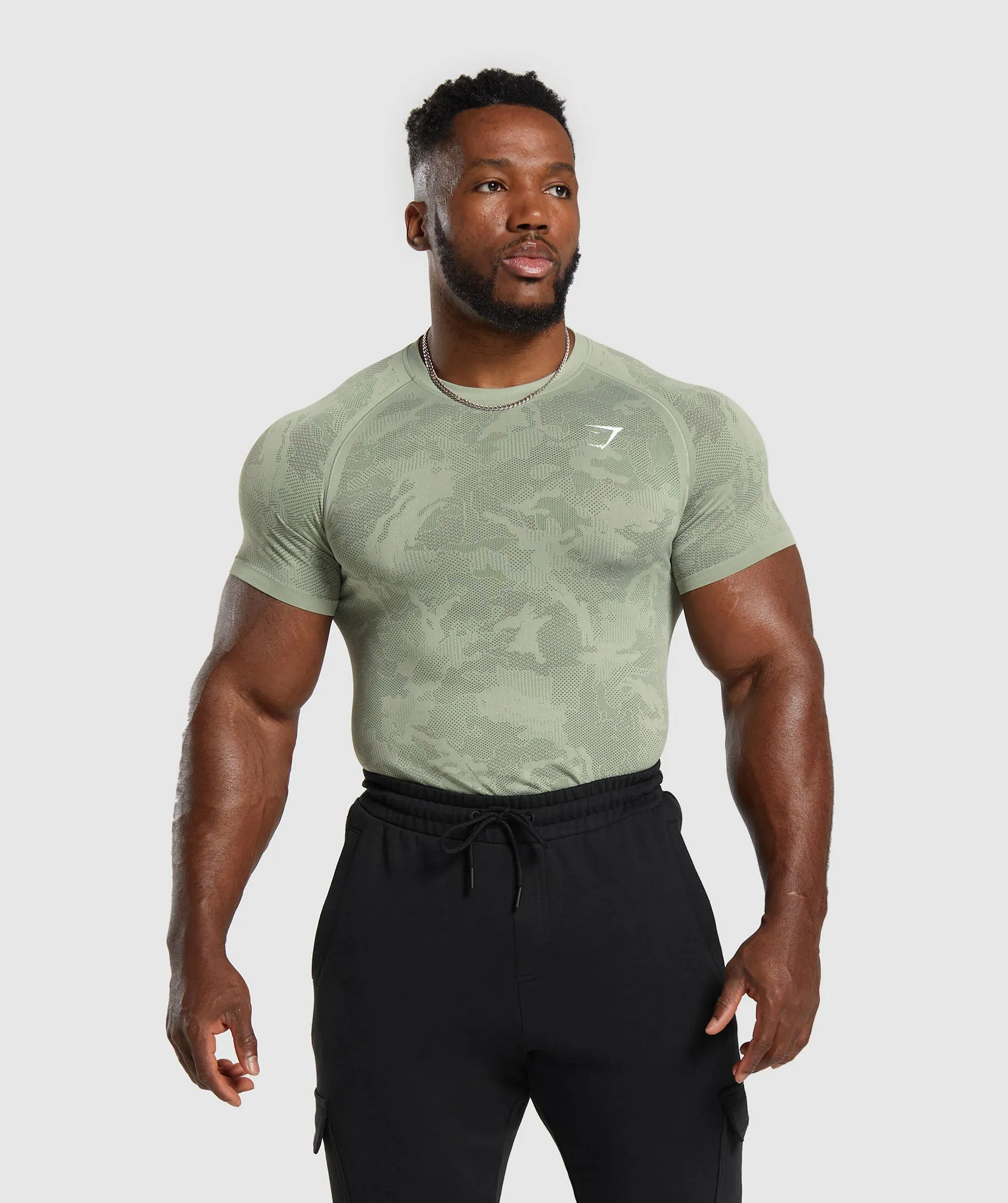 Gymshark Geo Seamless T-Shirt - Faded Green/Core Olive sold by Gymshark