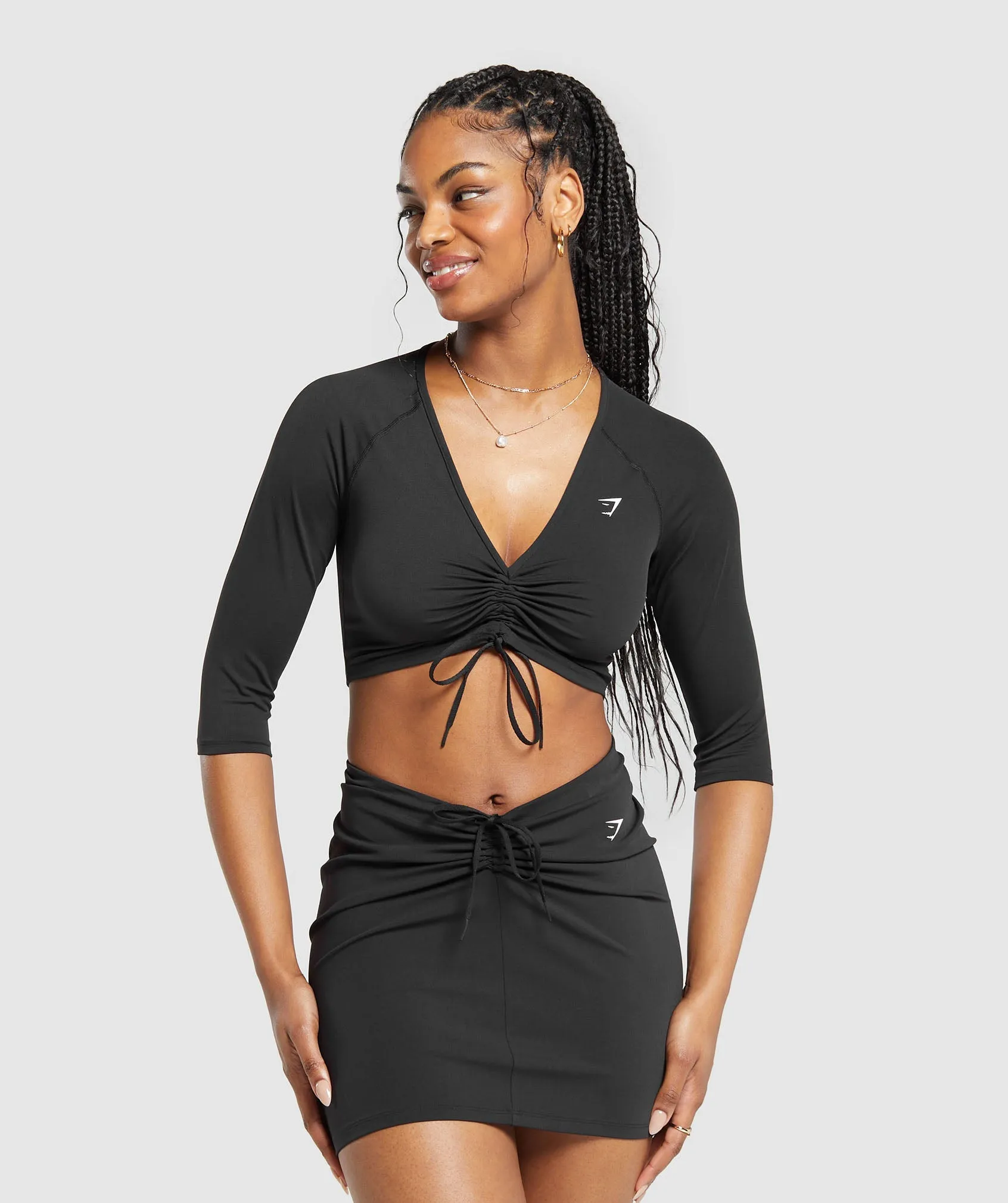Gymshark Ruche 3/4 Sleeve Crop Top - Black sold by Gymshark