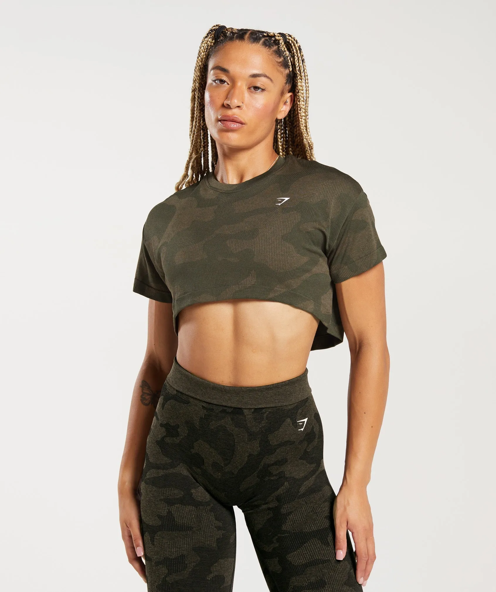 Gymshark Adapt Camo Seamless Ribbed Crop Top - Winter Olive/Soul Brown sold by Gymshark