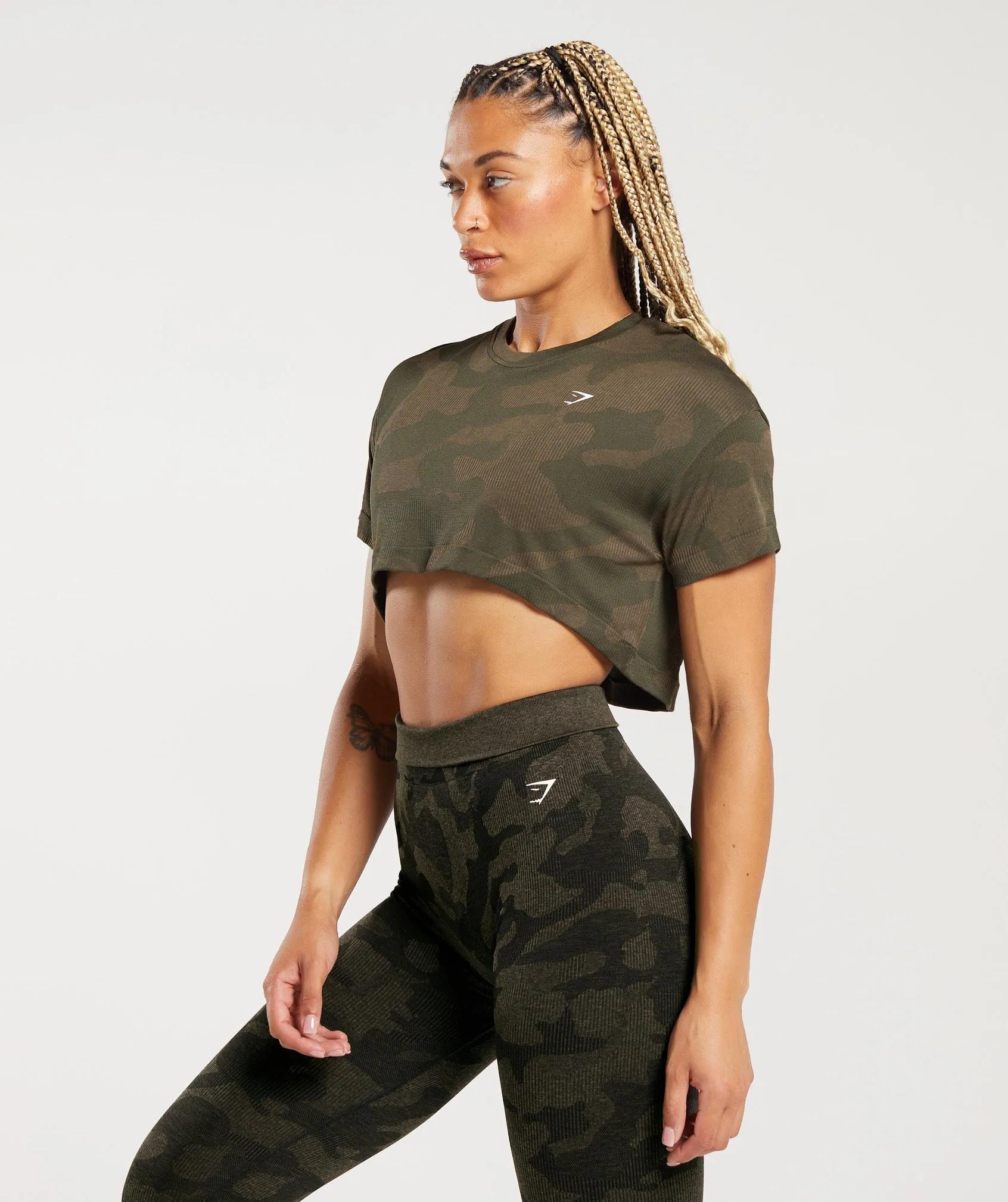 Gymshark Adapt Camo Seamless Ribbed Crop Top - Winter Olive/Soul Brown sold by Gymshark product image thumbnail 3