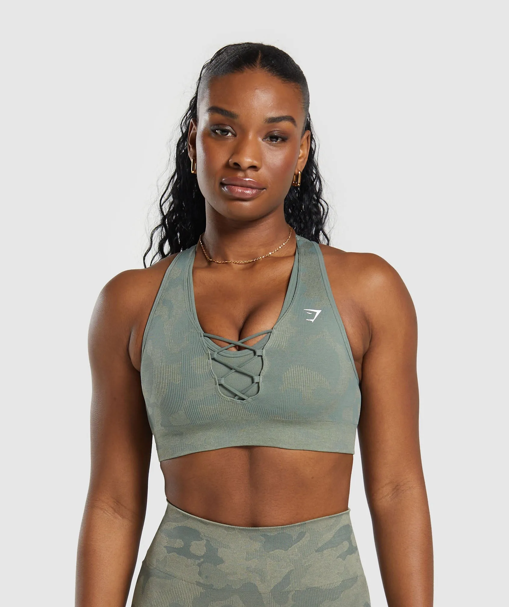 Gymshark Adapt Camo Seamless Sports Bra - Unit Green/Chalk Green sold by Gymshark