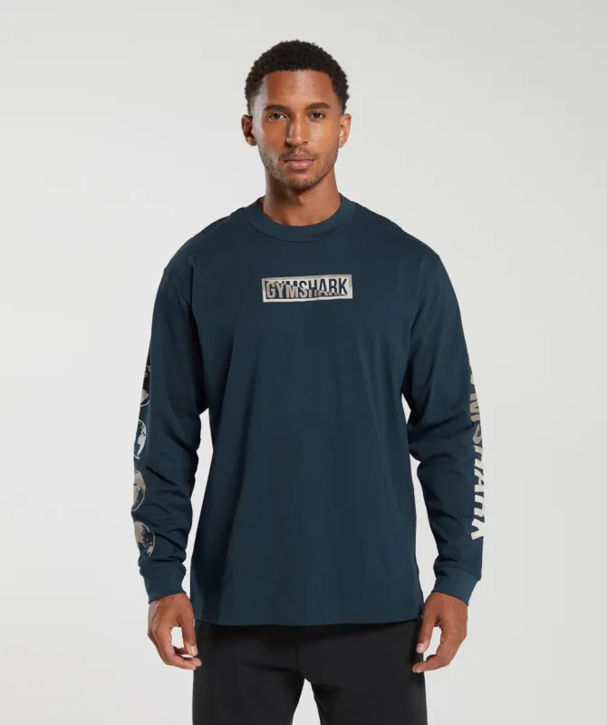 Gymshark Global Graphic Long Sleeve T-Shirt - Navy sold by Gymshark