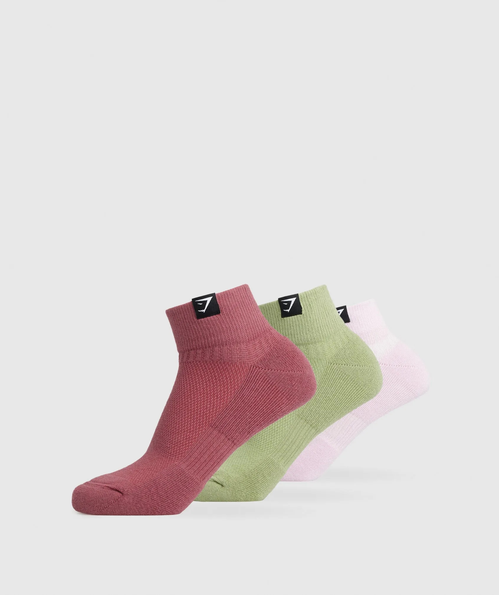 Gymshark Woven Tab Quarter Socks 3pk - Lemonade Pink/Soft Berry/Light Sage Green sold by Gymshark