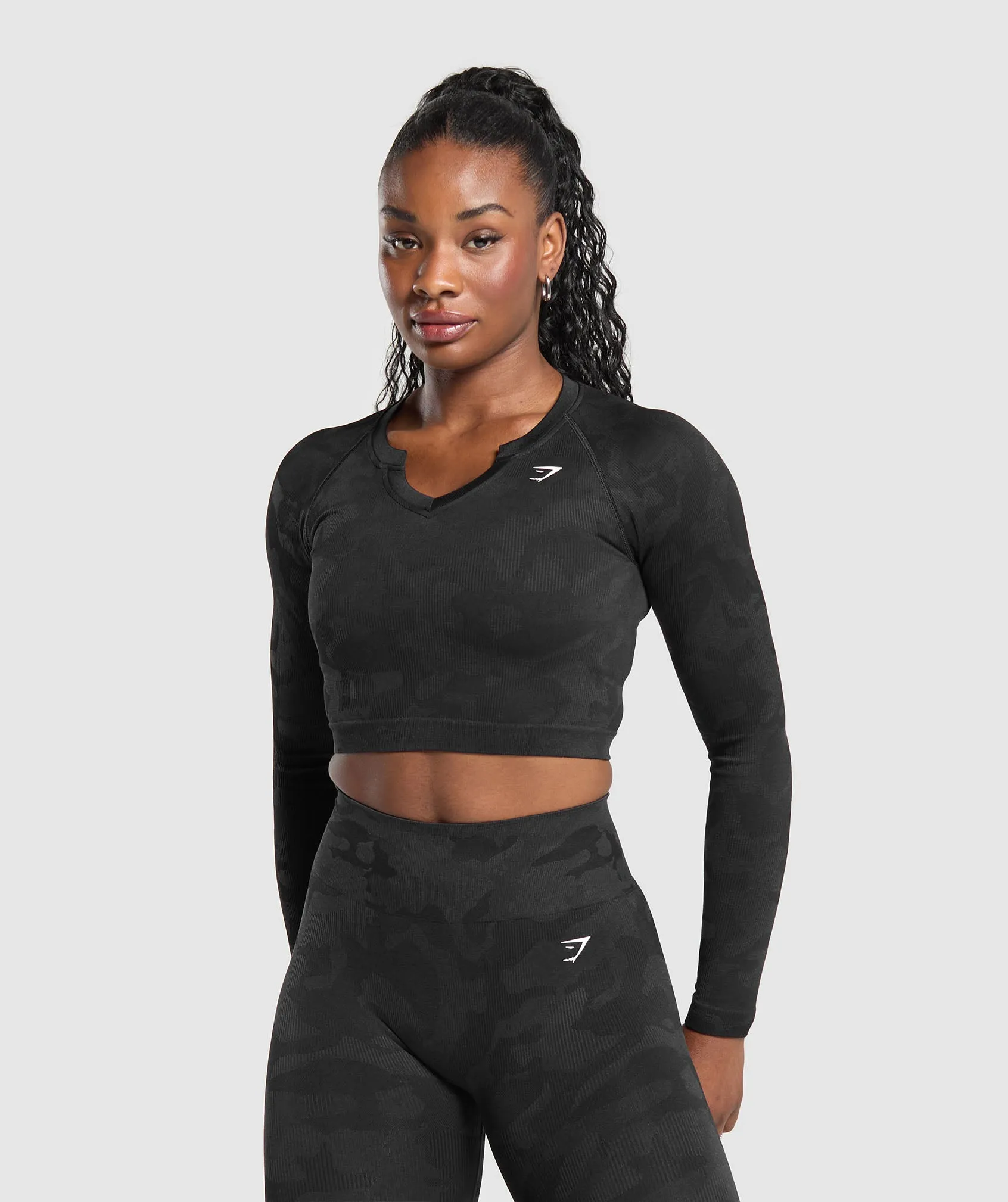 Gymshark Adapt Camo Long Sleeve Crop Top - Black/Asphalt Grey sold by Gymshark
