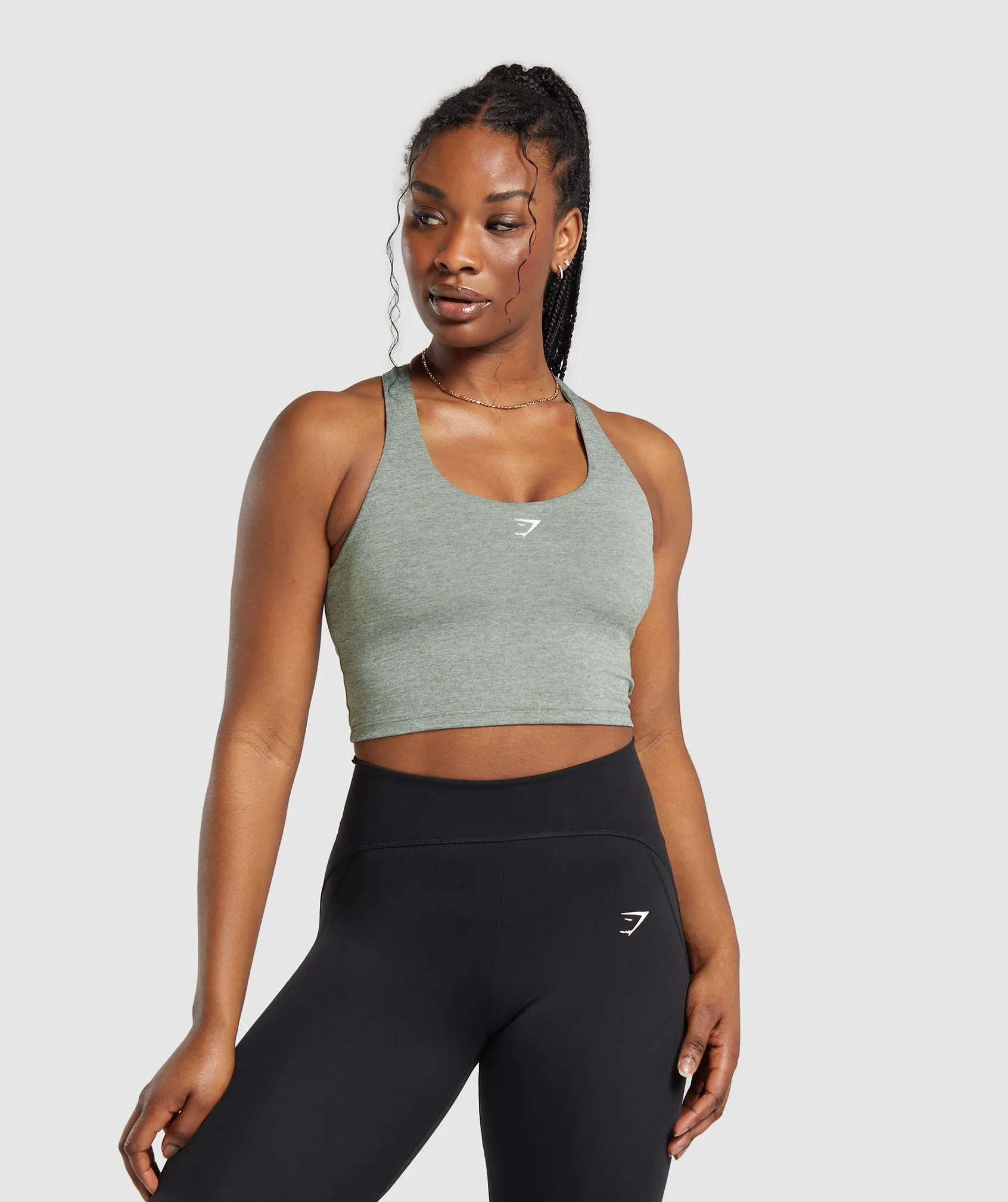 Gymshark Marl Racer Shelf Crop Tank - Unit Green/Undyed Marl sold by Gymshark
