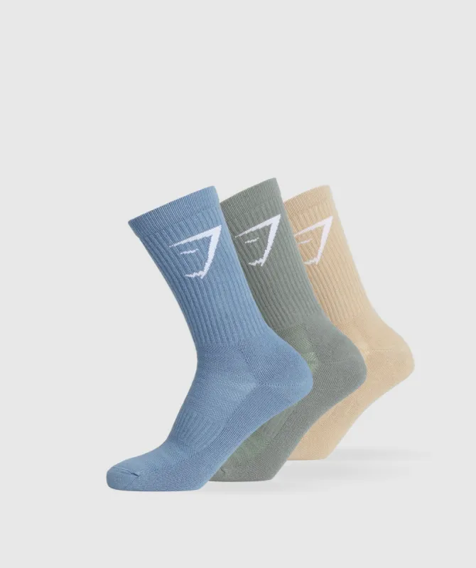 Gymshark Crew Socks 3pk - Vanilla Beige/Unit Green/Faded Blue sold by Gymshark
